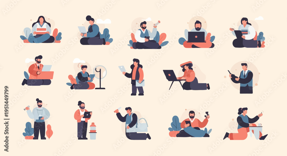 Fototapeta premium Flat illustration of people working and interacting with digital devices in a relaxed setting