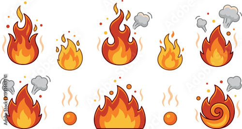 Cartoon Fire Flame Icon Set with Burning Heat Sparks Smoke and Blaze Elements