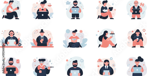 Diverse individuals engaged in digital activities with laptops and devices