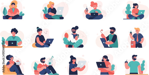 Diverse people working remotely with laptops and coffee cups