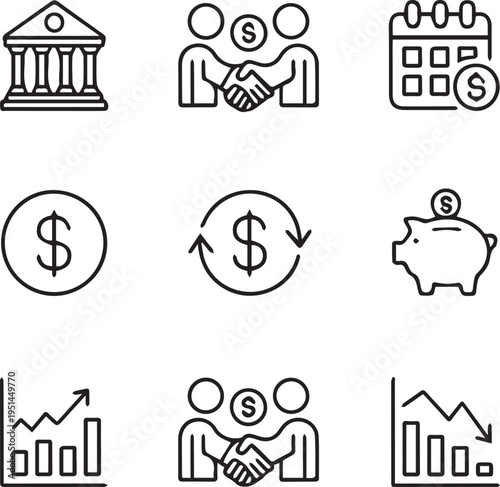 Set of nine finance and money related icons including bank handshake graph and piggy bank vector