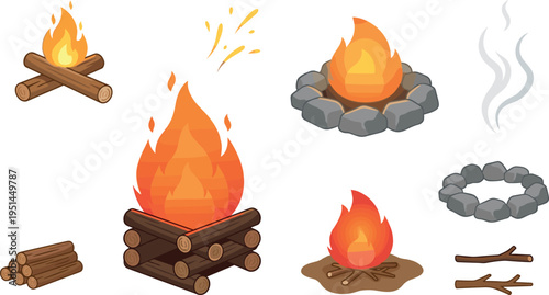 Campfire and Bonfire Icon Set with Firewood Flames Smoke and Outdoor Elements