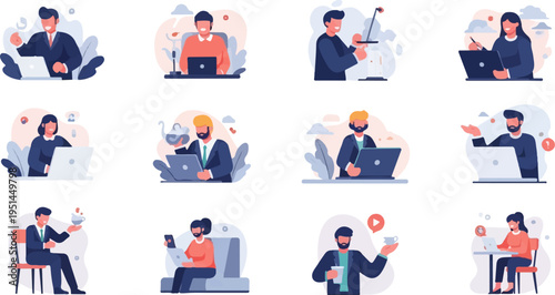 Diverse business professionals interacting with technology and drinks