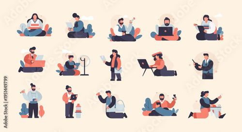 Flat illustration of people working and interacting with digital devices in a relaxed setting