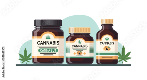 Illustration of cannabis products in bottles with cannabis leaves on a light background, showcasing different containers of marijuana-based medicines and consumables