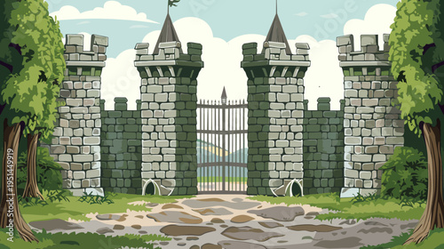 Cartoon castle entrance with stone walls gate and trees in scenic landscape