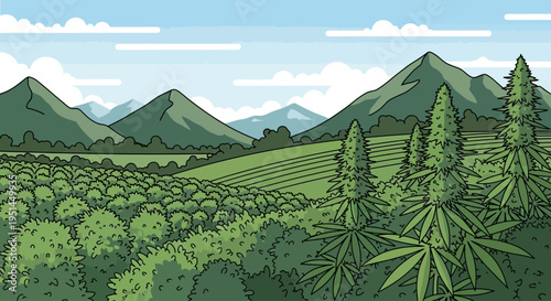 Scenic cannabis farm landscape with rolling hills, lush green fields, and cannabis plants in the foreground, under a clear blue sky