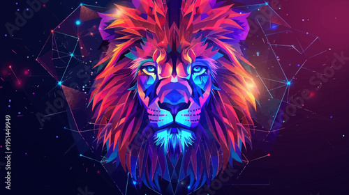 Vibrant abstract lion head portrait against a geometric background