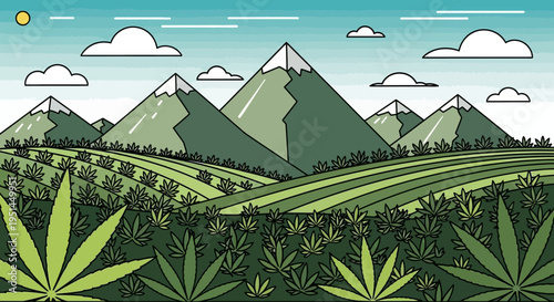A stylized, flat vector illustration depicting a vast cannabis farm stretching towards distant, snow-capped mountains under a bright, cloudy sky, showcasing rolling hills and rows of marijuana plants