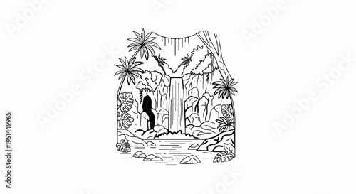 Lush jungle scene with a cascading waterfall into a serene pool