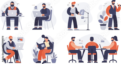 Colleagues working, meeting, and studying in a modern office environment