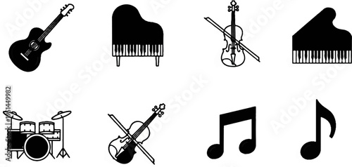 Collection of black and white musical instruments and notes icons