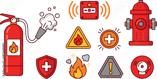 Fire Safety Emergency Icon Set with Extinguisher Hydrant Alarm Warning and Protection Symbols