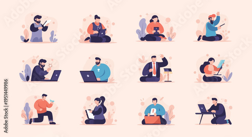 Diverse individuals engage with technology in a stylized, flat design