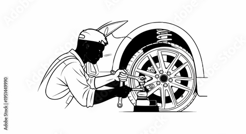 Mechanic working on car wheel using wrench, black and white illustration