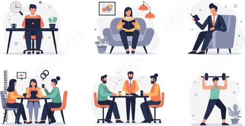 Diverse people engaged in work, leisure, and fitness activities