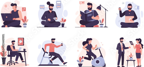 Diverse people engaged in work, leisure, and fitness activities indoors