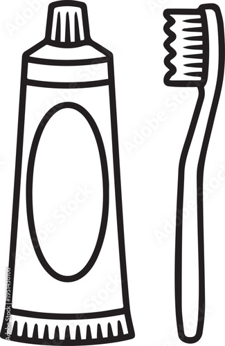 Simple line art drawing of a toothpaste tube and a toothbrush, representing dental hygiene and oral care products