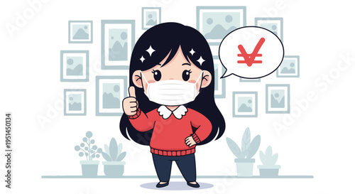 A cartoon girl wearing a face mask and giving a thumbs-up with a yen symbol in a speech bubble, standing in front of a wall of framed pictures and plants.