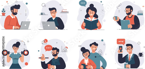 Diverse individuals engaged in various activities working, exercising, learning, and socializing