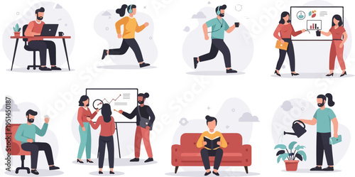 Diverse people engaged in work, exercise, learning, and home tasks