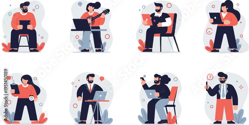 Diverse individuals engaged in various activities with technology and creative pursuits