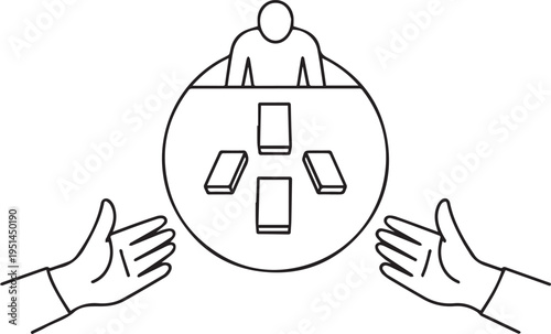 Top-down view of a person at a round table with multiple items, hands reaching in, symbolizing a meeting or negotiation