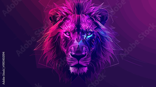 Abstract lion portrait vibrant colors and geometric design illustration