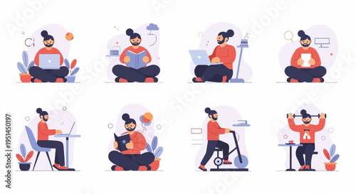 Person engaging in various activities including working, reading, and exercising
