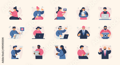 Diverse individuals engaged in various modern tasks with technology