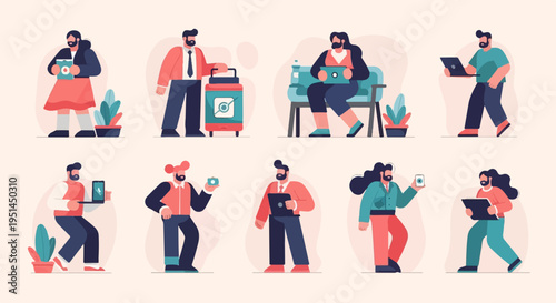 Diverse people engaged in various modern activities with technology and plants