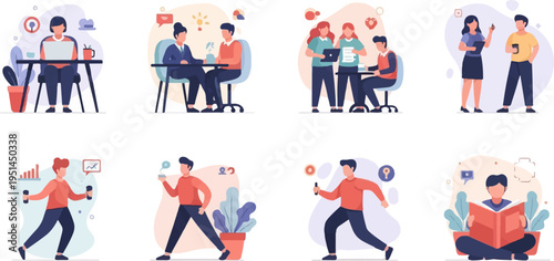 Diverse people engaged in office work, fitness, and leisure activities