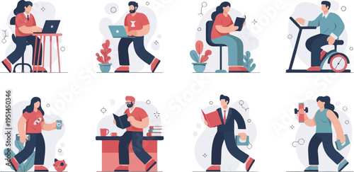 Diverse people engage in various daily activities, including work and fitness