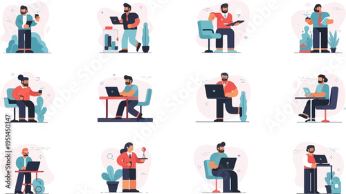 Diverse people engaged in various tasks using modern technology and devices