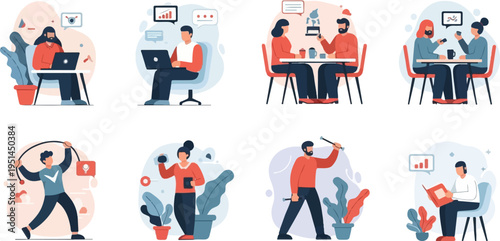 Diverse people engage in activities like working, conversing, exercising, and reading