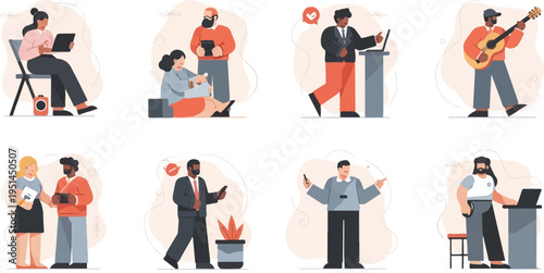 Diverse people engage in various modern activities, from work to leisure