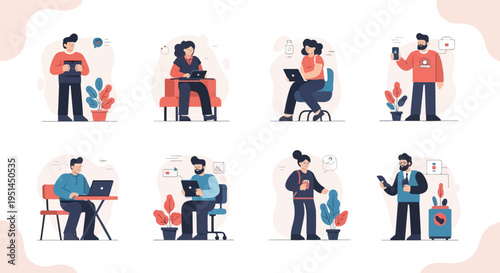 Diverse people working on laptops, phones, and tablets with plants