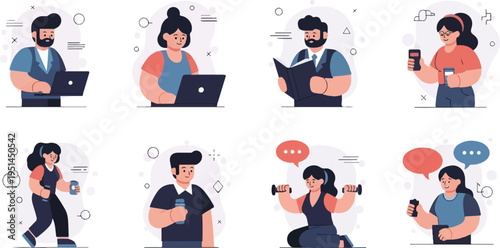 Diverse people engaged in daily activities work, study, communication, and fitness