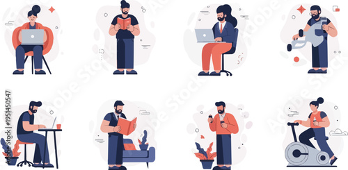 Diverse individuals engaged in various activities like working, reading, and exercising (1)