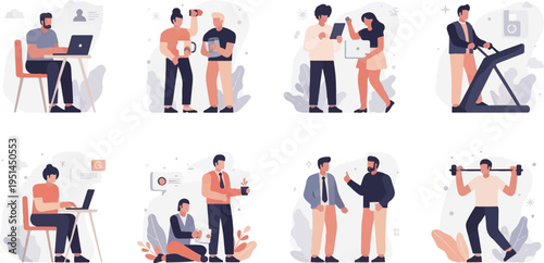 Diverse people engaged in work, exercise, and social interactions