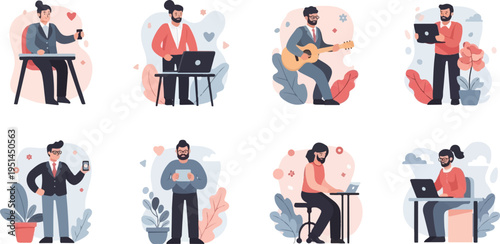 Diverse people engaged in various activities with technology and nature elements