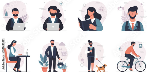 Diverse people engaged in work, leisure, and outdoor activities, depicted in a modern style