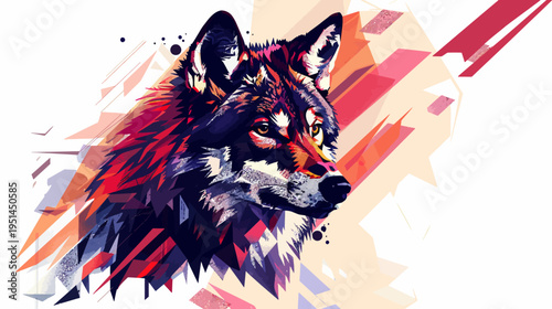 Artistic depiction of a wolf with vibrant colors and geometric abstract elements