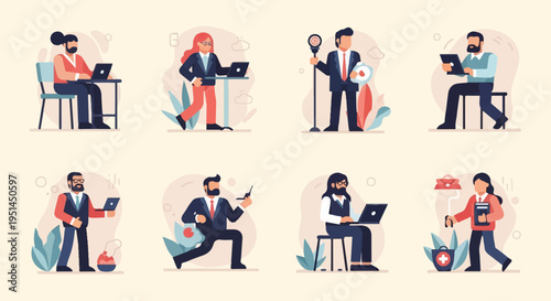 Eight professionals engage in various work activities using technology and office tools