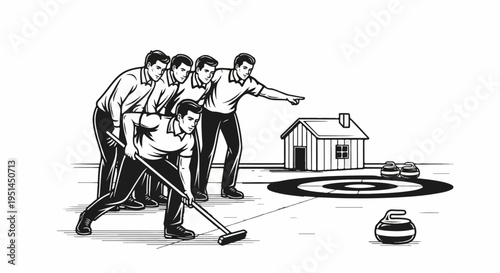 Men playing curling with a house and stones on the ice