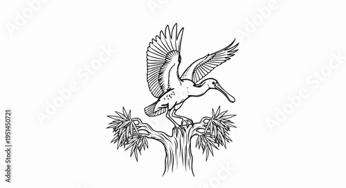 Line art of a bird with a long beak perched on a tree