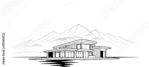 Wallpaper Mural Modern house nestled against a backdrop of majestic, silhouetted mountains Torontodigital.ca