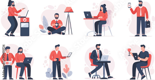 Diverse group of people engaged in various work and leisure activities with devices