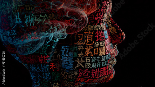 Human Head Filled with Asian Calligraphy | Surreal Language and Mind Concept | Red Glowing Kanji and Hanzi in Profile