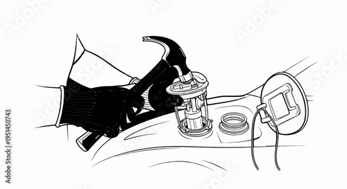 Line drawing of person wearing gloves fixing fuel pump assembly in vehicle